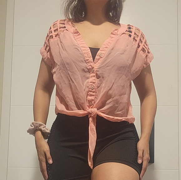 Seduction Pink Tie Crop Top with decorative mesh sleeves Size M Medium - Picture 2 of 4